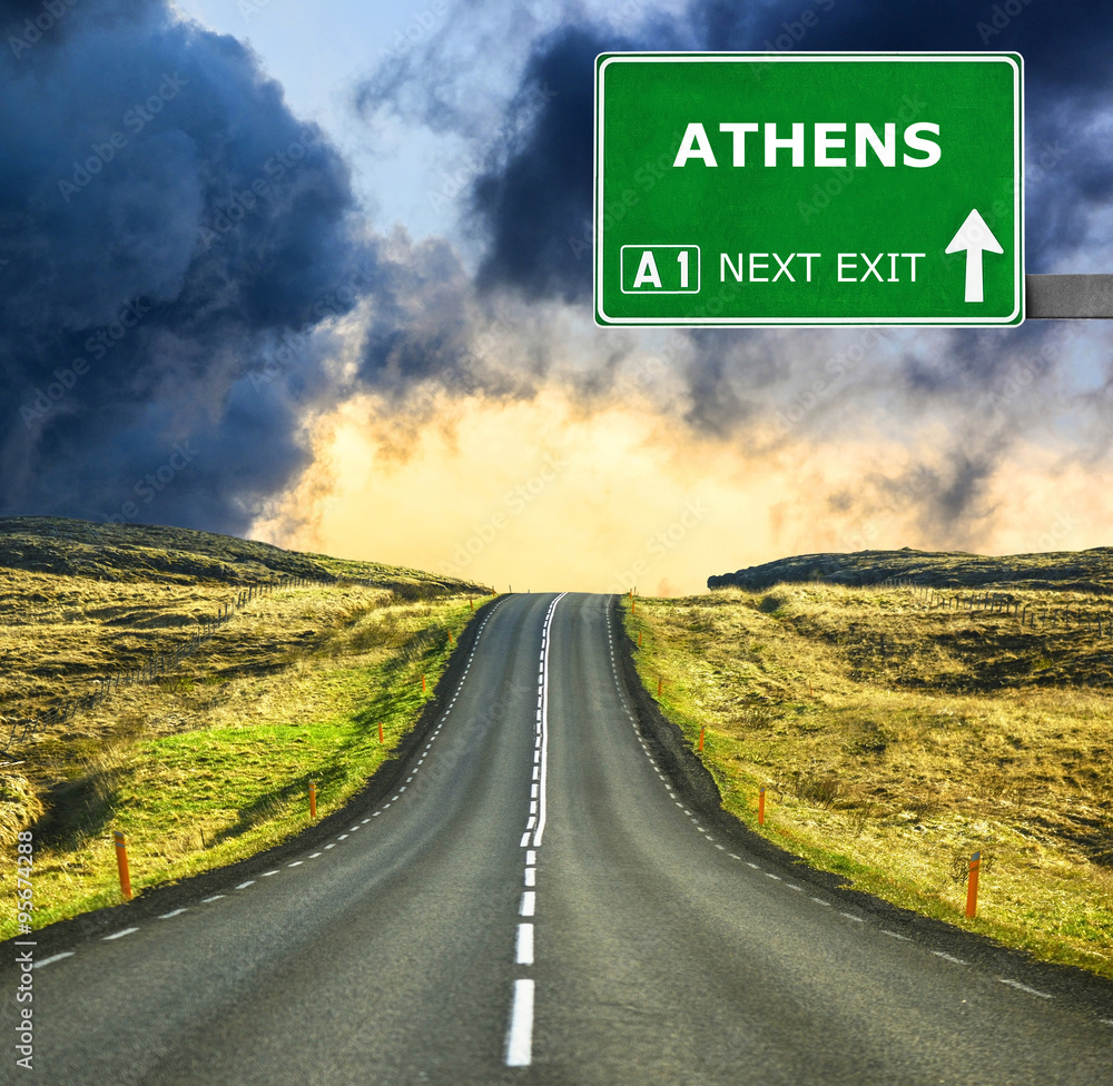 ATHENS road sign against clear blue sky