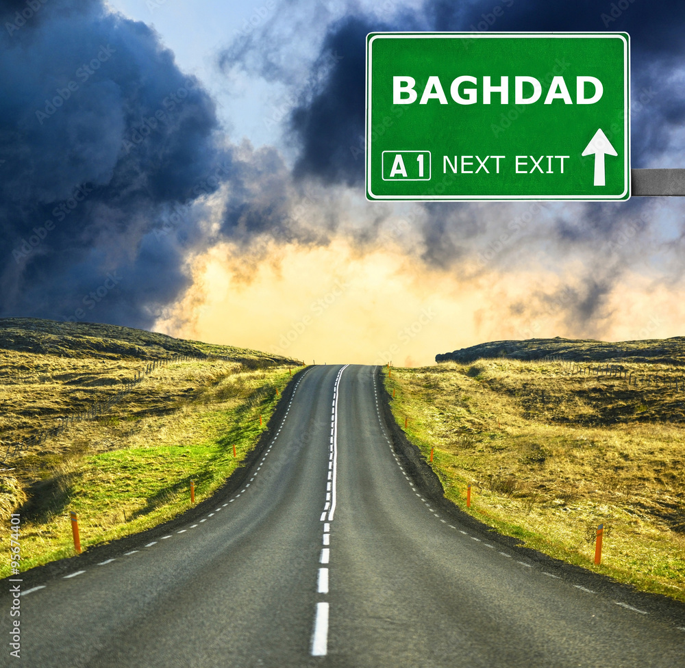 BAGHDAD road sign against clear blue sky