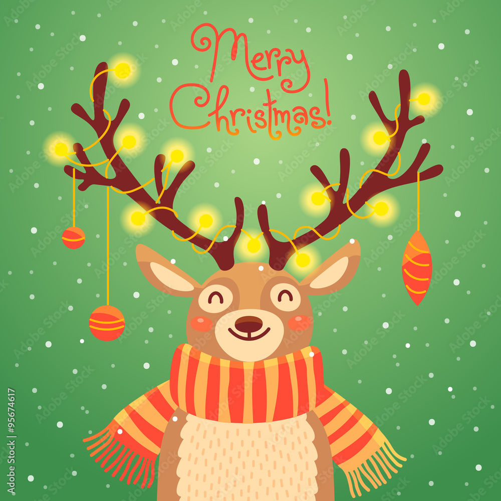 Fototapeta premium Christmas card Cute cartoon deer with garlands on the horns and scarf