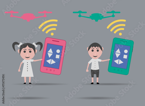 children driving drone with mobile phone