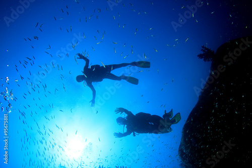 Scuba diving on underwater coral reef