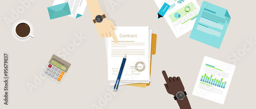 sign paper deal contract agreement hand pen on desk two people flat business illustration vector