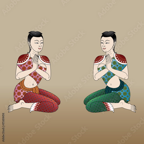 thai  ancient women style in wall painting, sawasdee