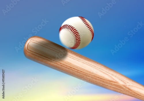 Quadro em tela Baseball bat hitting ball under blue sky