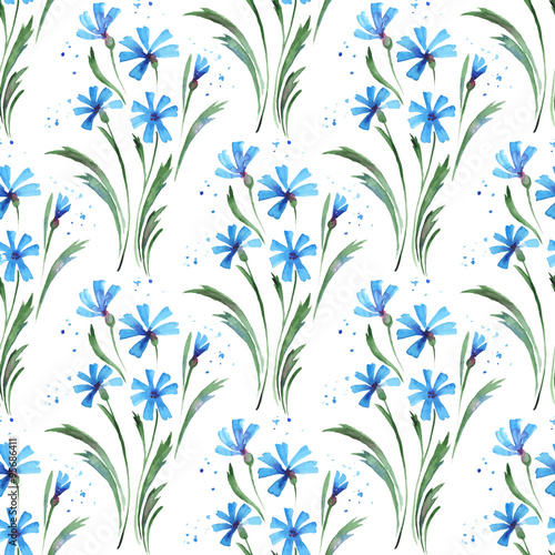 Cornflowers. Seamless background in vector. Watercolor pattern 1