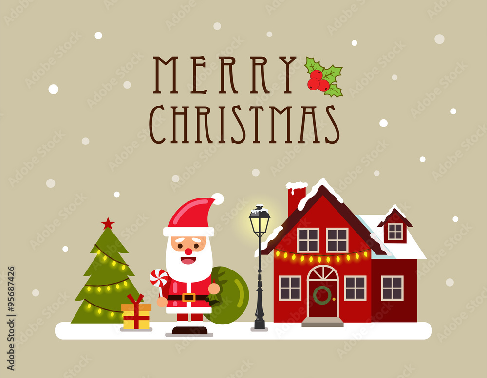 Christmas house and Santa. Greeting card, banner and poster. Vector illustration.