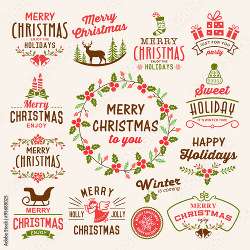 Christmas decoration icons, labels, illustration and elements set.