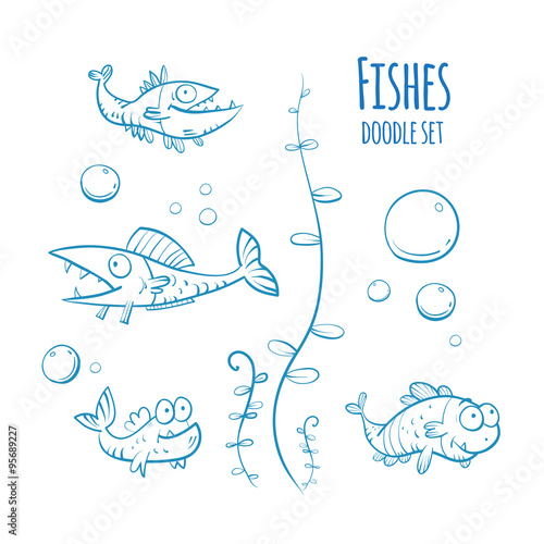Cute cartoon fishes set  of the different sizes. Doodle style. 