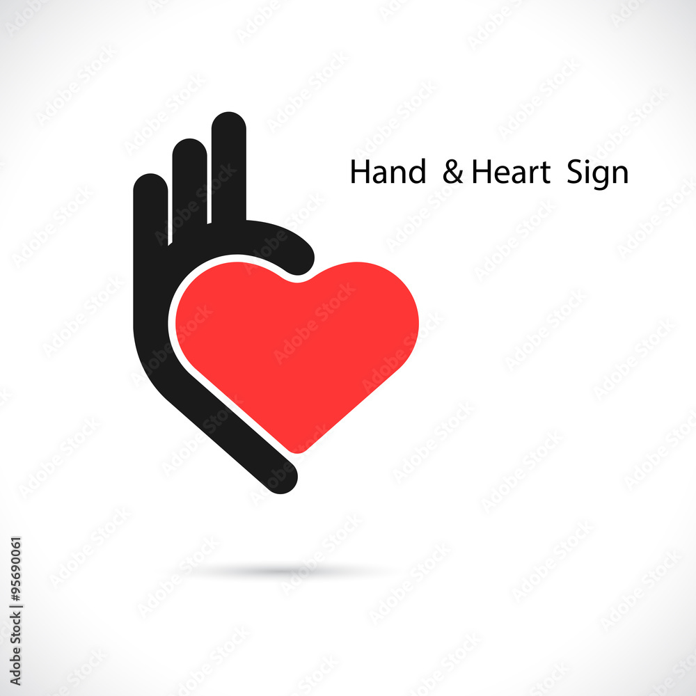 Creative hand and heart shape abstract logo design.Hand Ok symbo