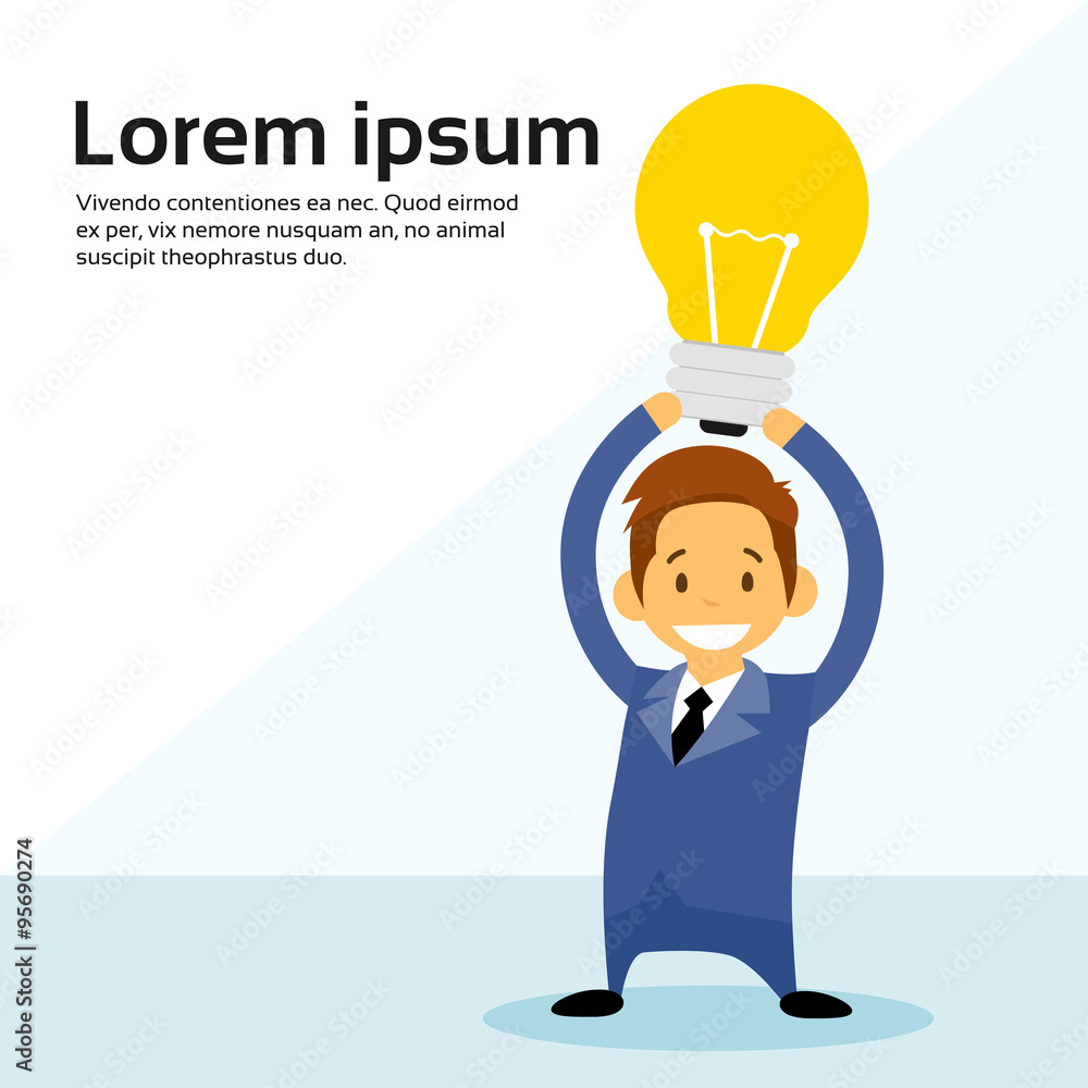 Busines Man Cartoon Character Hold Idea Light Bulb Busines Man Cartoon Character Hold Idea Light Bulb