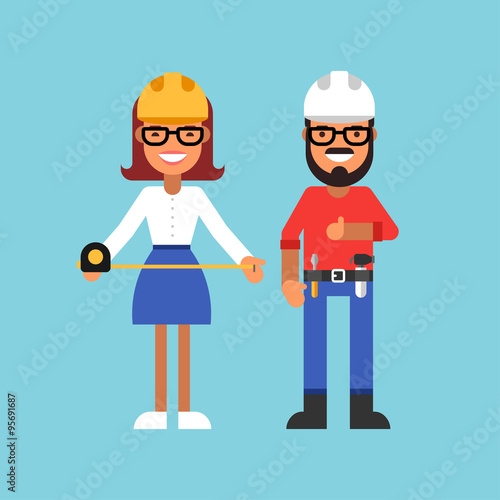 Profession Concept. Builder. Male and Female Cartoon Characters. Flat Design Vector Illustration