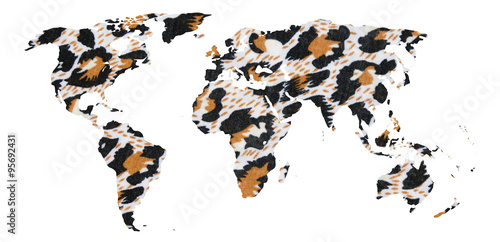 World map with leopard fabric texture photo