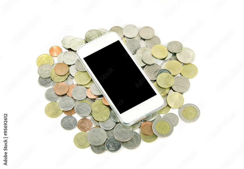 smartphone on a thai money coins smartphone on a thai money coins