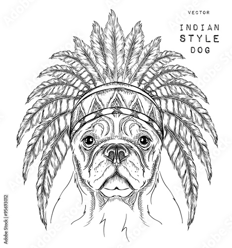 Dog in the Indian roach. Indian feather headdress of eagle. Hand draw vector  illustration