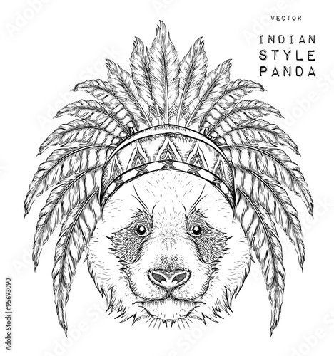 Panda in the Indian roach. Indian feather headdress of eagle. Hand draw vector  illustration