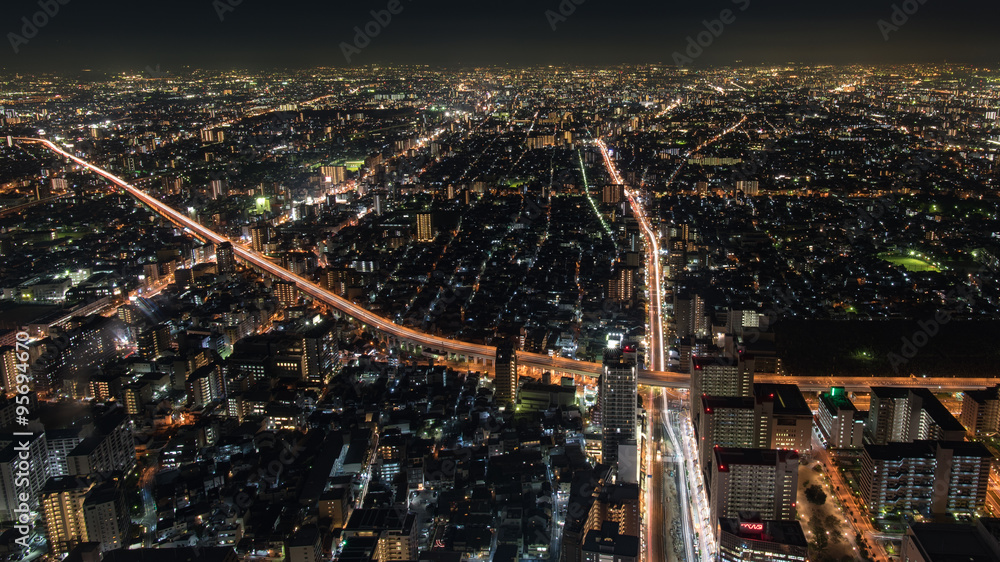 Cityscape night view of Osaka, The second largest city in Japan