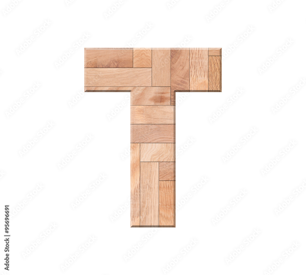 Wooden parquet alphabet letter symbol - T. Isolated on white background