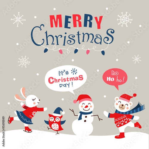Funny cartoon christmas card, banner and poster design. Vector illustration. 