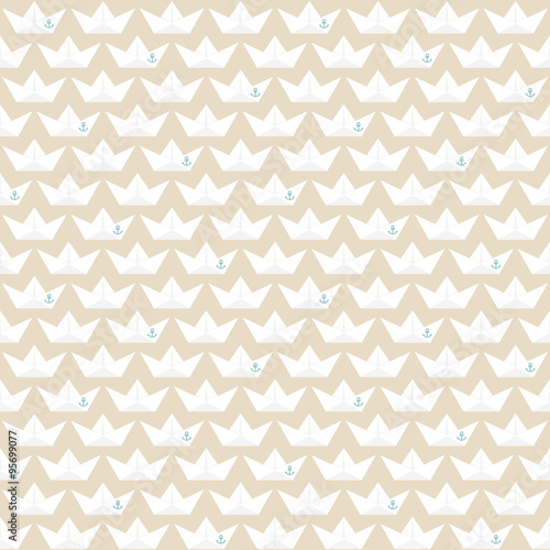 Retro Seamless Pattern Paper Boats Anchors Beige