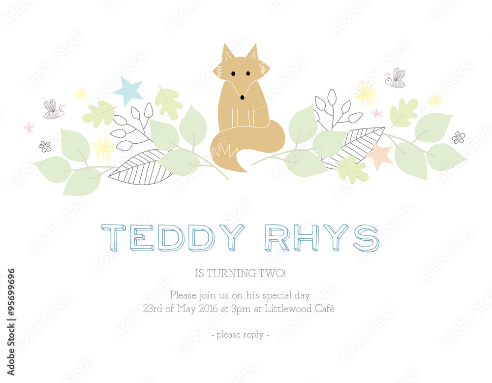 Fototapeta premium Children's birthday invitation card with a fox and nature elements. Vector design.