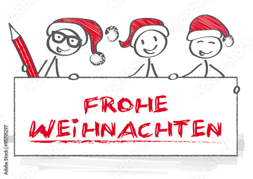 Weihnachtlich verkleidetes Strichmännchen schreibt Grußkarte