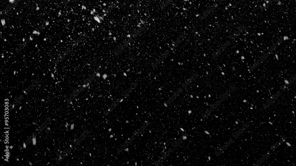 Falling in slow motion real snowflakes from left to right, calm snow, shot on black background, matte, wide angle, seamless looped animation, isolated, perfect for digital composition