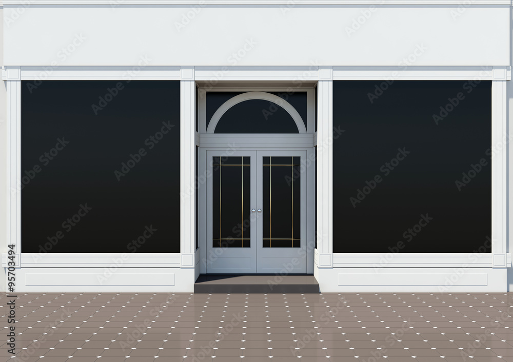 Shopfront with large windows. White store facade. Shopfront with large windows. White store facade.