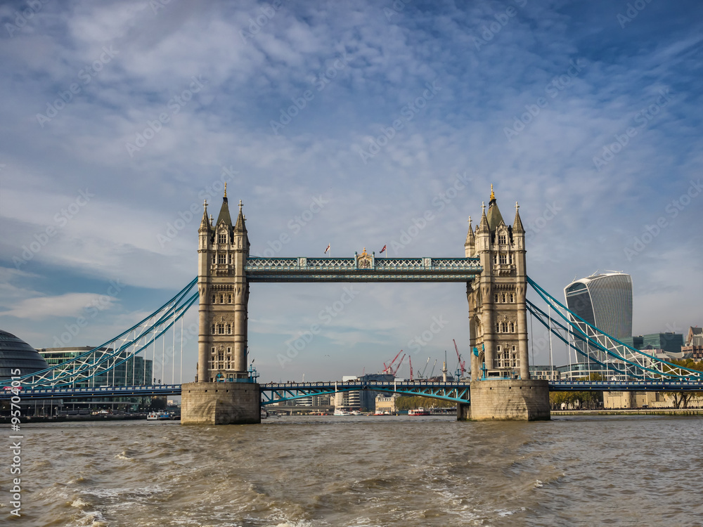 Tower bridge panorama in London seen from river Thames