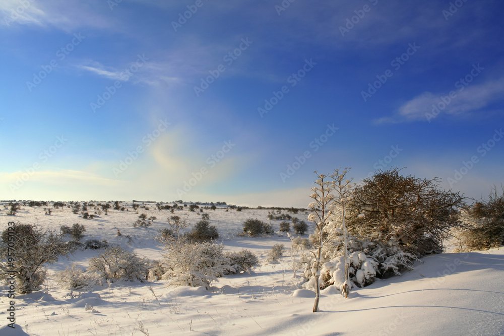 RURAL LANDSCAPE WINTER. Alta Murgia National Park: snowy hills.-(Apulia) ITALY-It is a limestone plateau,with wide fields and rocky outcrops,grassland characterized by sheep paths,ancient carob tree.