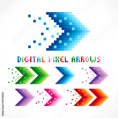 Digital pixel arrows. The set of colorful arrow icons with pixel typescript.