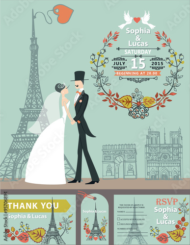 Wedding invitation.Bride, groom,autumn wreath,Eiffel tower