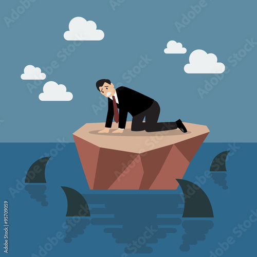 Helpless businessman on a small island which surrounded by shark
