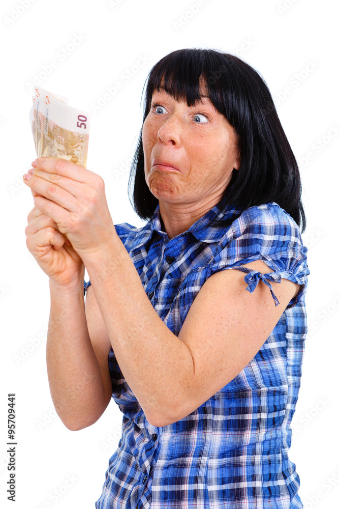 Surprised emotion 40 years old woman looking to cash euro money in hands, isolated on white background, human emotion, facial expression Surprised emotion 40 years old woman looking to cash euro money in hands, isolated on white background, human emotion, facial expression