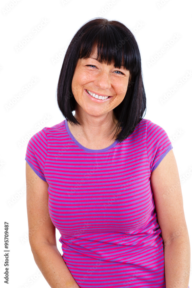 Portrait of smiling beautiful brunette women 40 years old, posing in color T-shirt with stripes. Ready for your design, isolated on white background Portrait of smiling beautiful brunette women 40 years old, posing in color T-shirt with stripes. Ready for your design, isolated on white background