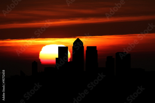 London Docklands skyline at sunset illustration