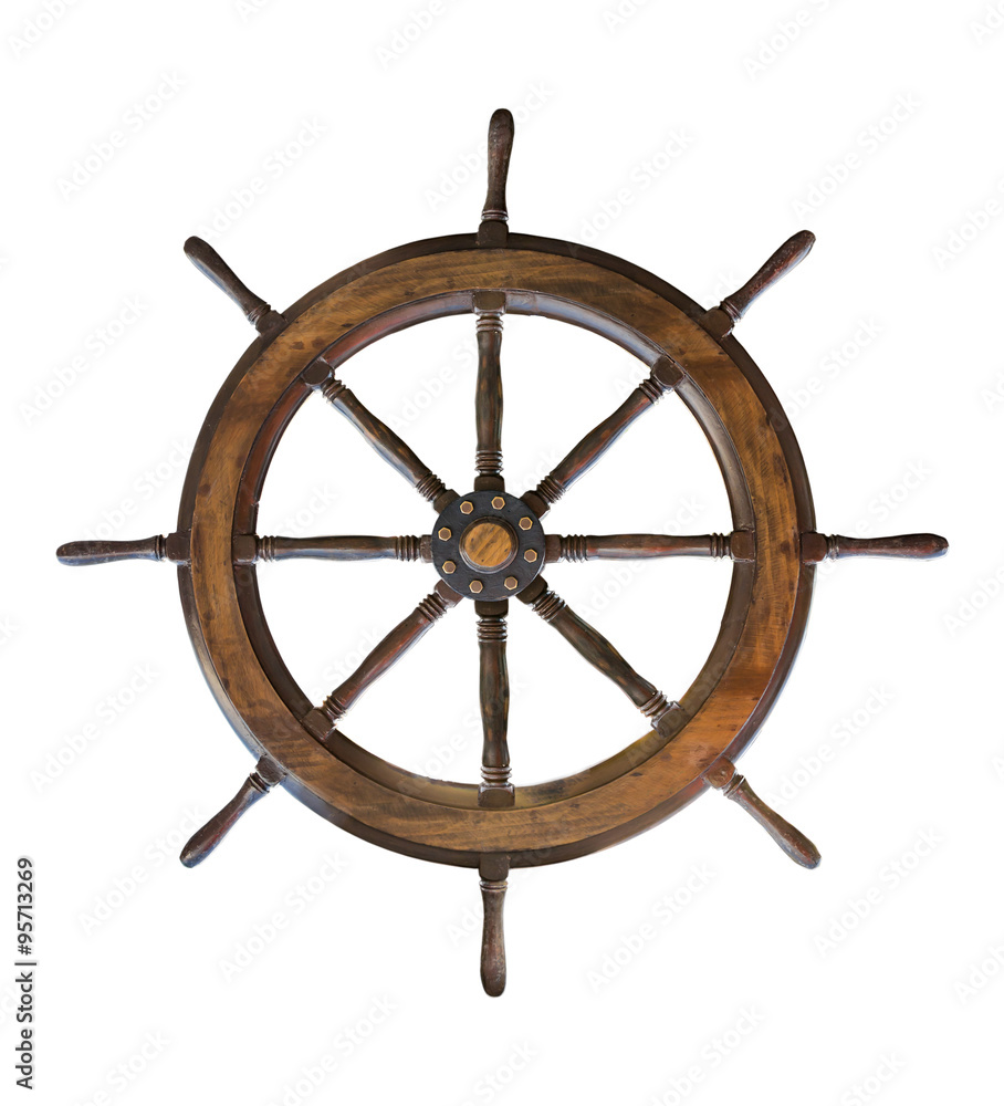 Vintage wooden ship steering wheel rudder isolated on a white ba