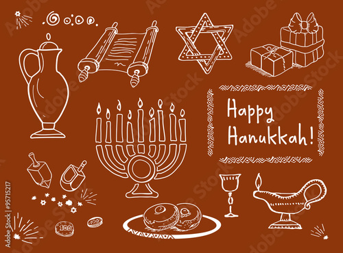 Hanukkah Chanukah traditional jewish holiday doodle symbols set ink draw vector illustration. Monochrome Hand drawn sketch set isolated on terracotta background