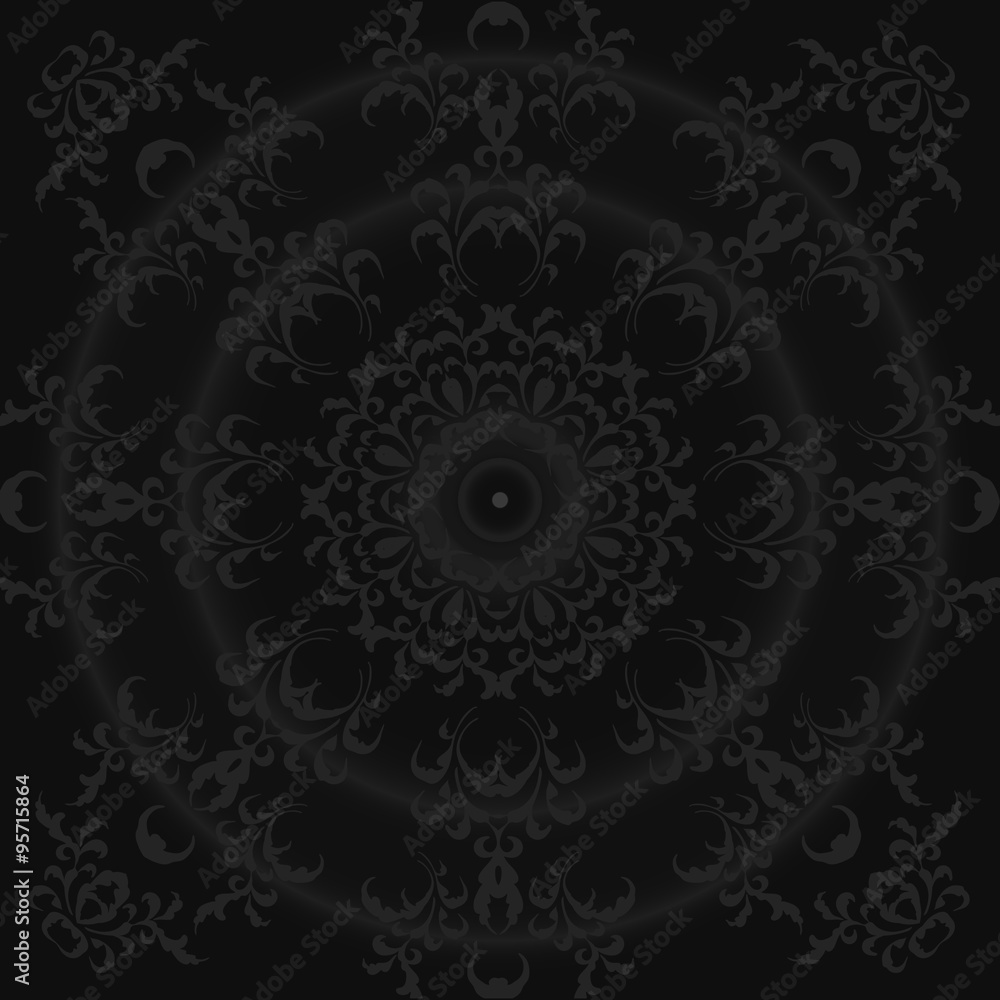 Black circular floral ornament. Vintage, retro silk fabric pattern. Vector illustration EPS 10