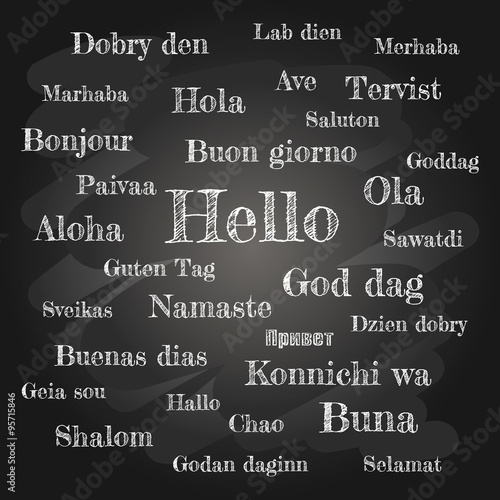 World Hello Day, Holiday November 21 International celebration. Card Chalkboard inscription word "Hello" on different languages English, German, Italian, French, Russian, Spanish, Japanese, Arabic