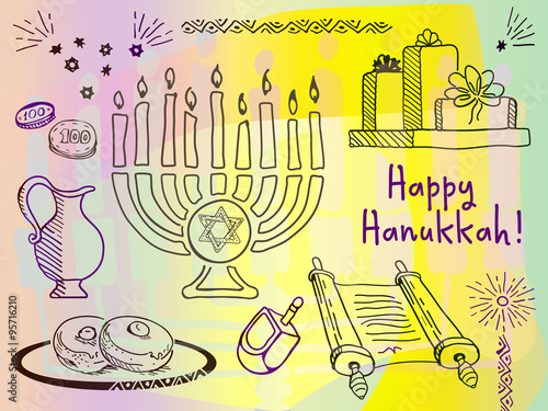 Fotografia, Obraz Hanukkah Chanukah traditional jewish holiday doodle symbols set ink draw vector illustration