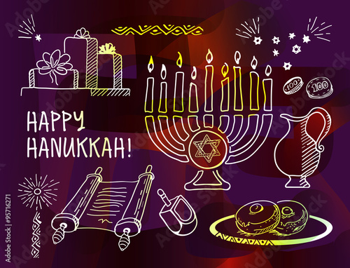Chanukah hanukkah traditional jewish holiday doodle symbols set isolated vector illustration. Hand drawn sketch set on dark colorful background
