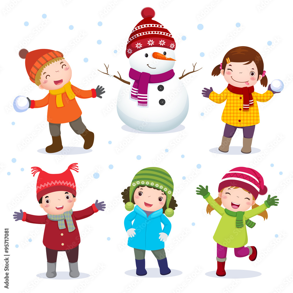 Collection of kids with snowman in winter costume Collection of kids with snowman in winter costume