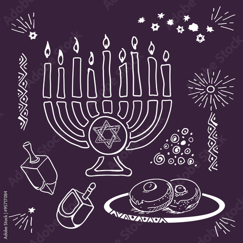 Chanukah hanukkah traditional jewish holiday doodle symbols set isolated vector illustration. Hand drawn sketch set