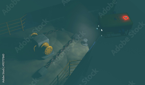 Fototapeta Naklejka Na Ścianę i Meble -  High quality 3D render of ROV inspecting a sunken ship deep underwater. Fictitious ROV and shipwreck. Murky water to emphasize depth, and blurred image for dramatic effect.