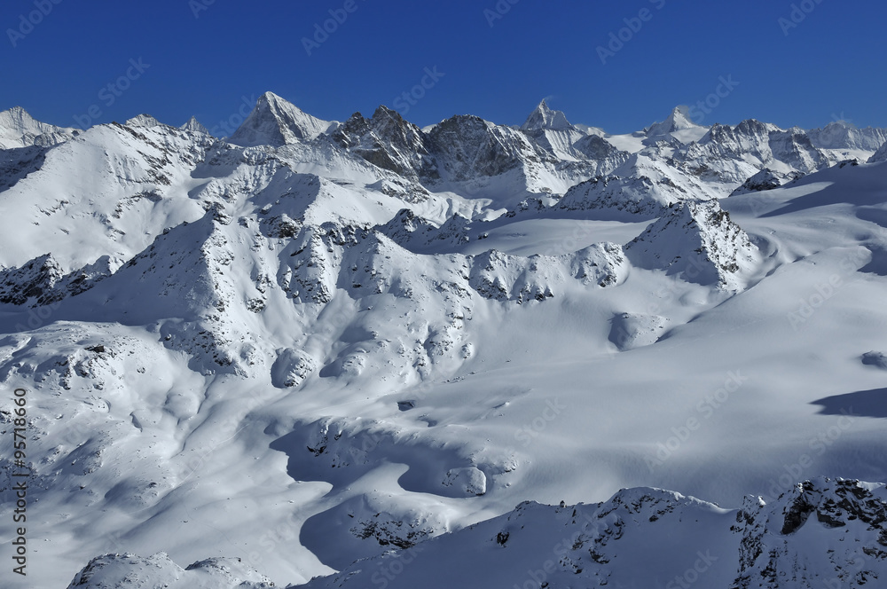 Swiss Alps with Dent Blanche and Matterhorn in the Winter