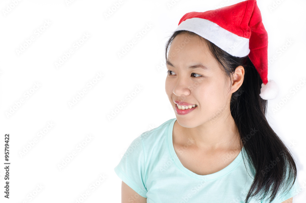 Portrait of woman smile and wearing santa hat on white background,Christmas concept Portrait of woman smile and wearing santa hat on white background,Christmas concept