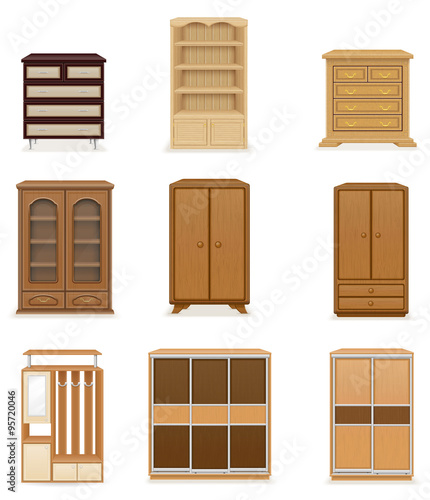 set icons furniture wardrobe cupboard and commode vector illustr