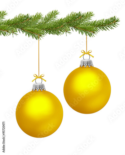 Goldene Christbaumkugeln am Tannenzweig