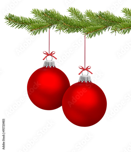 Zwei Rote Chistbaumkugeln mit Tannenzweig