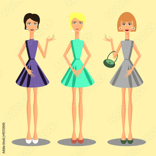 People set. Women set in color dresses. Vector illustration.